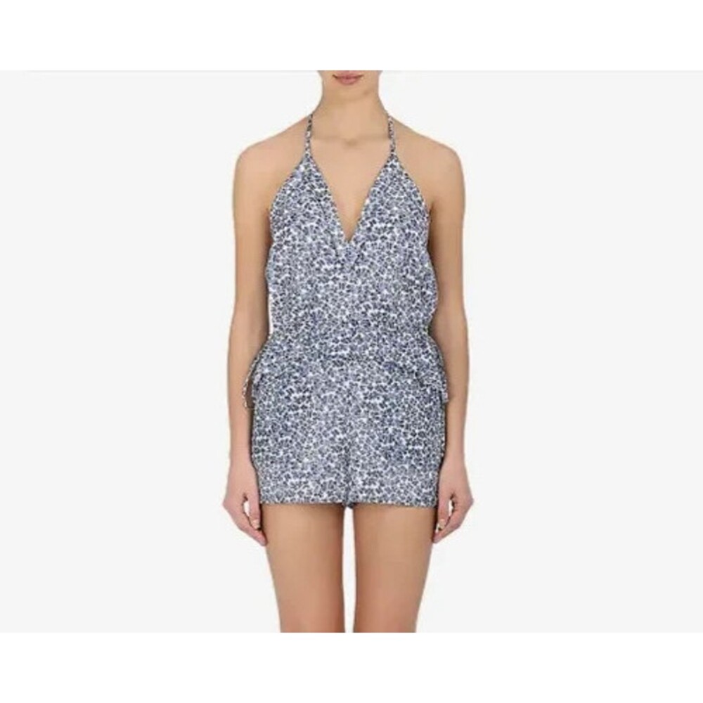 Kisuii Navy Blue Floral Ofelia Cotton Silk Romper Swim Coverup Size Medium